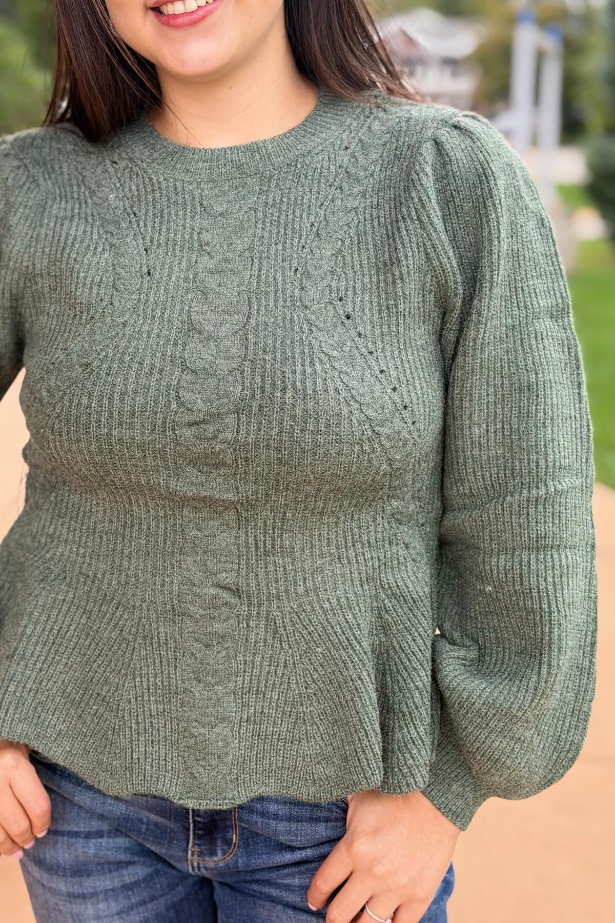 Cable Knit Peplum Sweater - Hunter Green