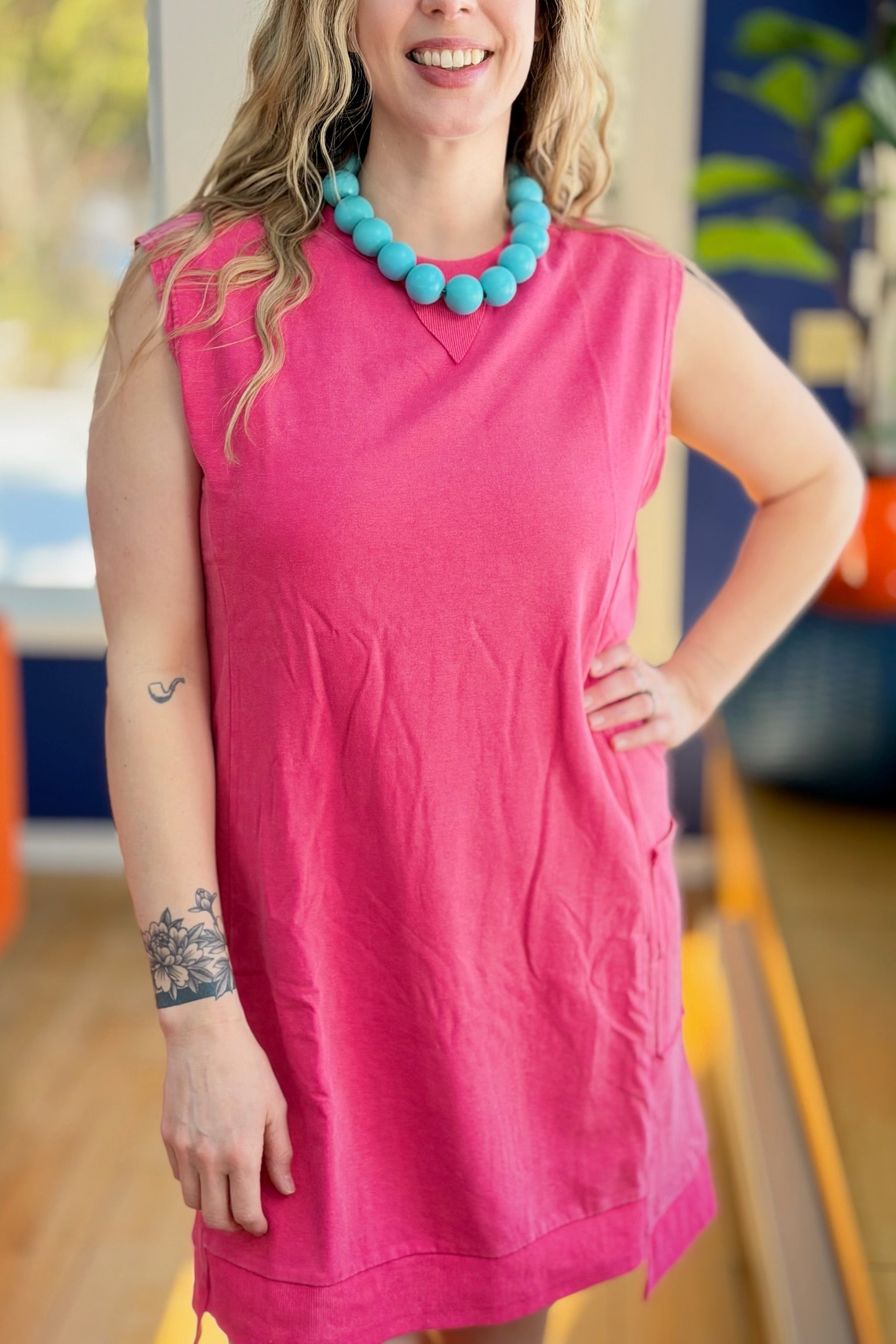 Mineral Washed Mini Dress - Hot Pink