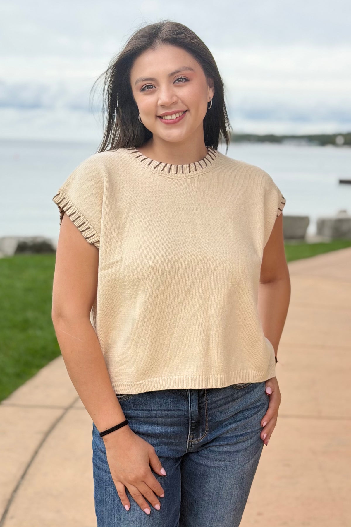 Stitch Detail Sweater Vest - Cream