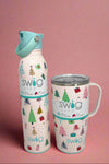 An image of a Swig mugs featuring holiday trees on a light pink background. They anre insulated, with a stainless steel body and a spill-resistant lid. 