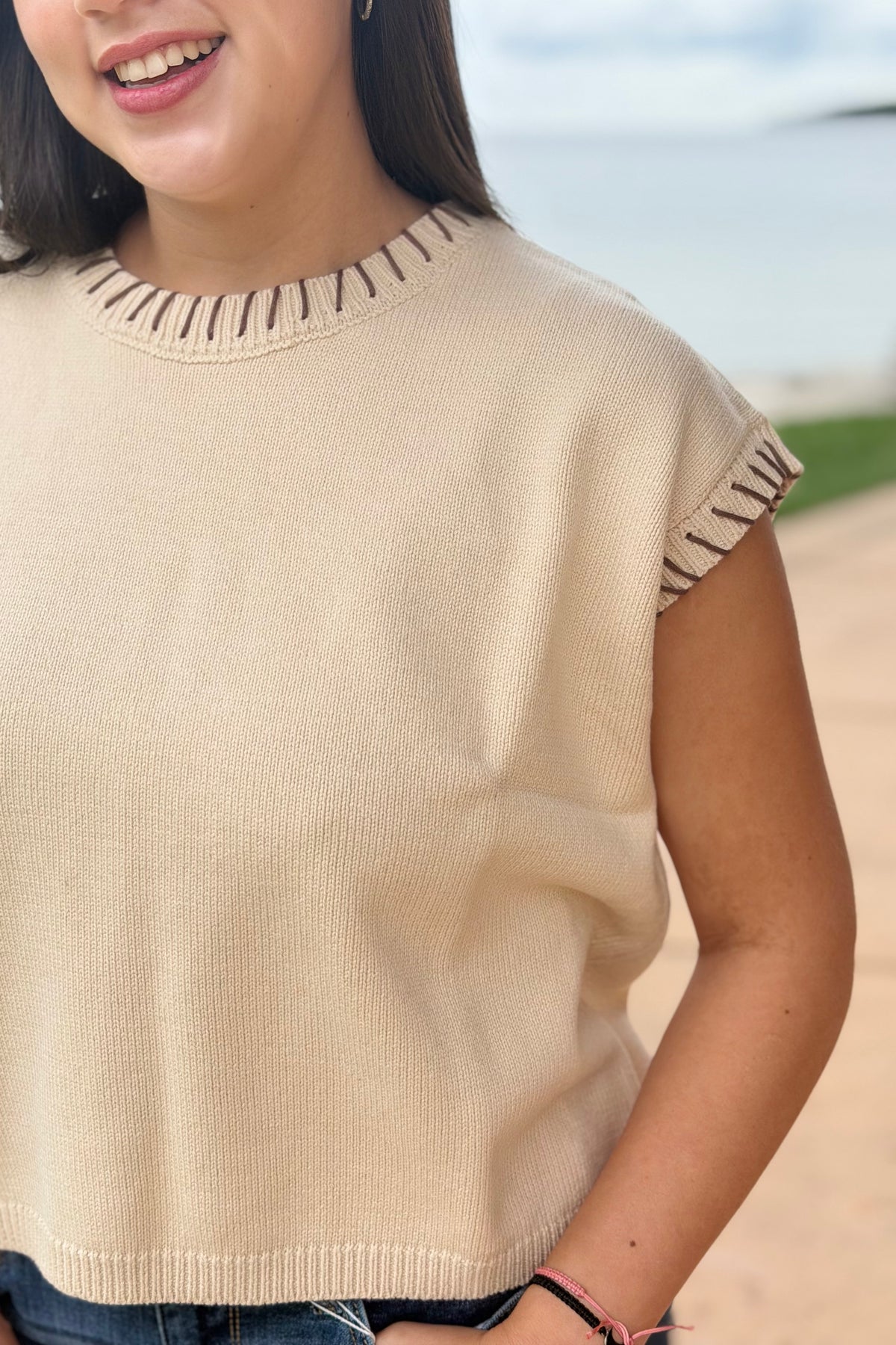 Stitch Detail Sweater Vest - Cream