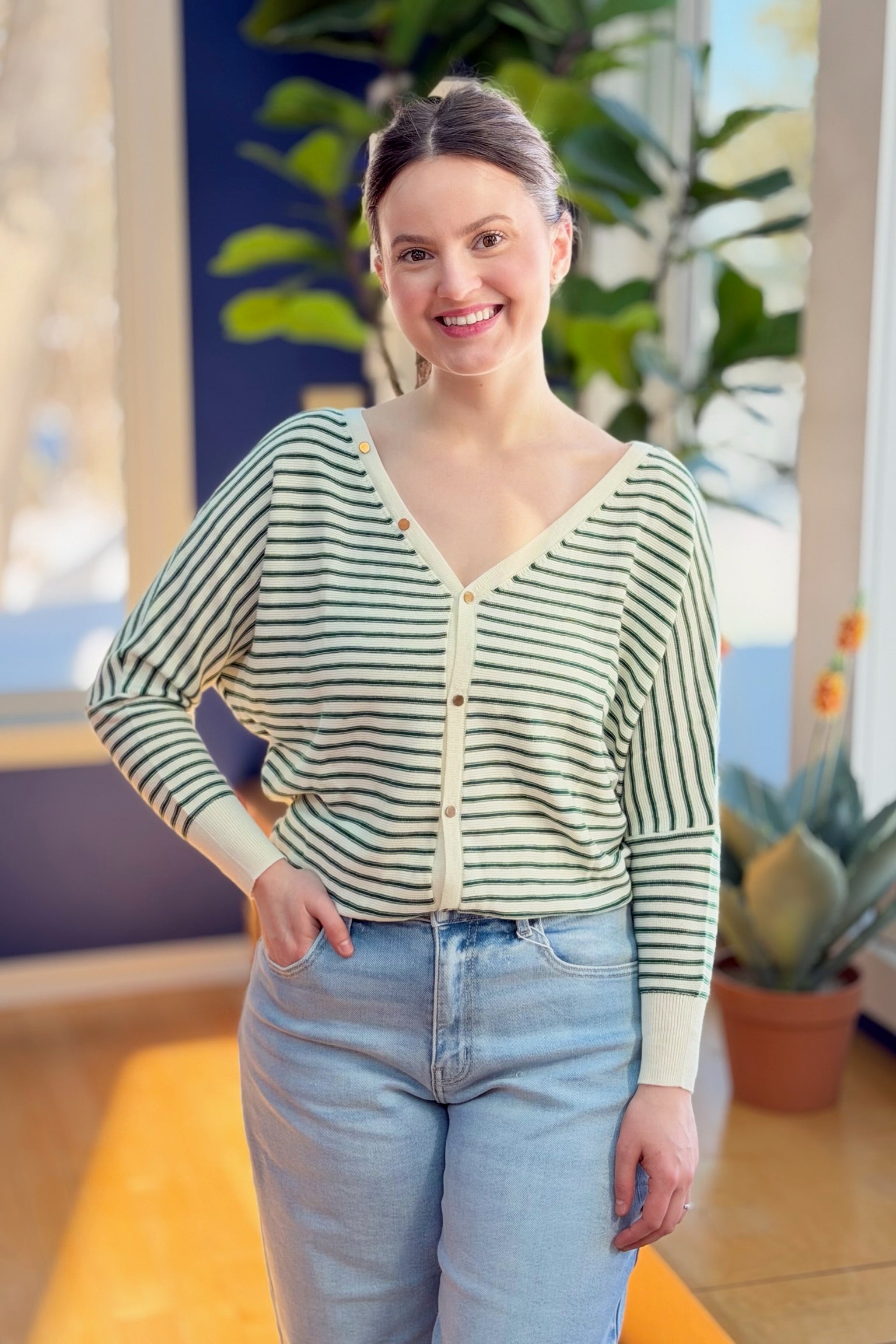 V-Neck Striped Dolman Pullover Knit Top