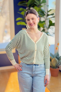V-Neck Striped Dolman Pullover Knit Top