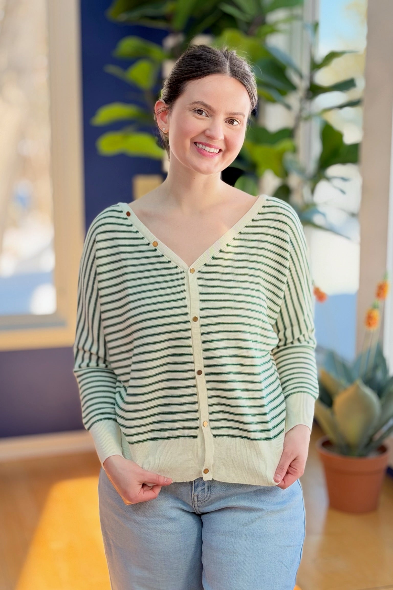 V-Neck Striped Dolman Pullover Knit Top