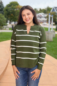 Split Neck Stripe Sweater - Green