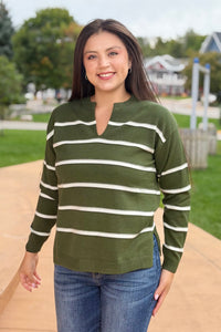 Split Neck Stripe Sweater - Green