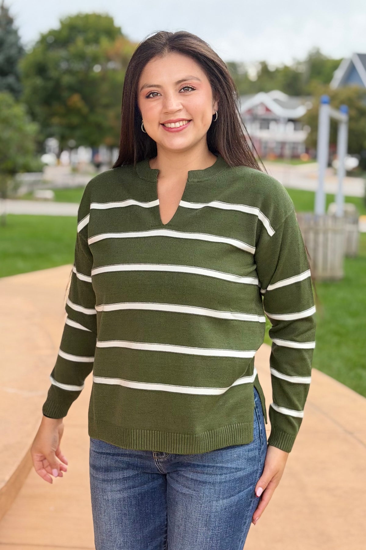 Split Neck Stripe Sweater - Green
