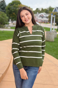 Split Neck Stripe Sweater - Green