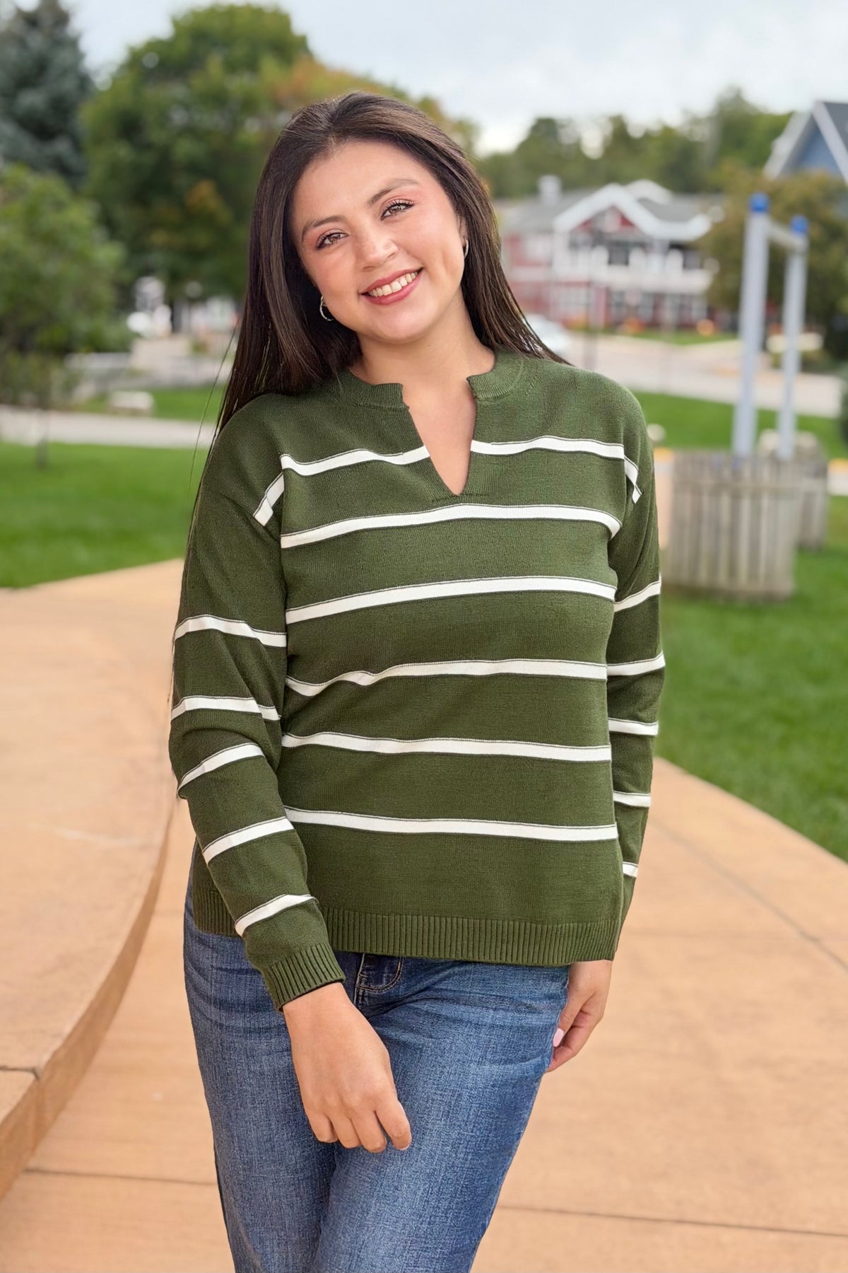 Split Neck Stripe Sweater - Green