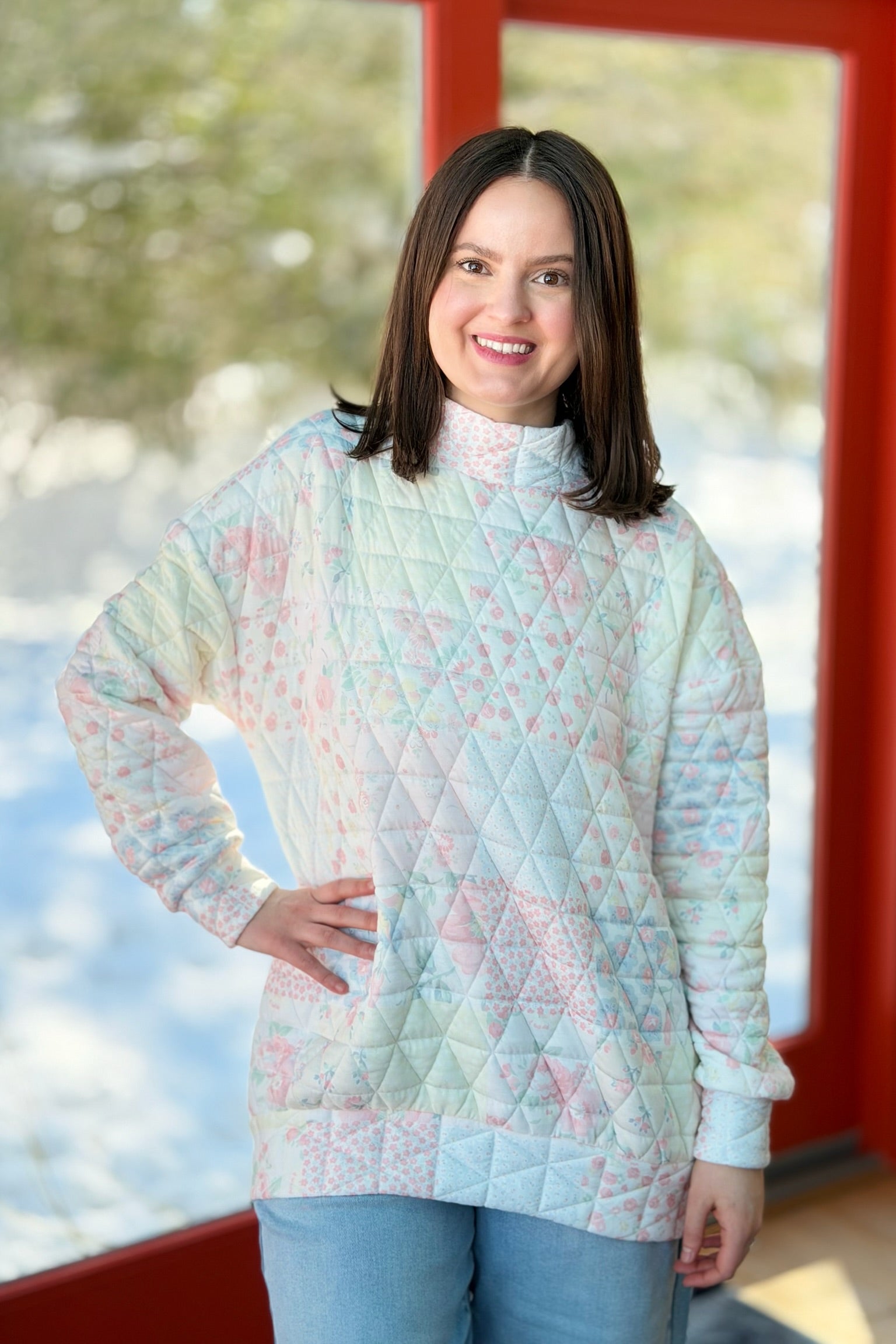 Floral Textured Mock Neck - Pastel