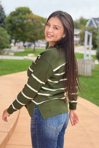 Split Neck Stripe Sweater - Green