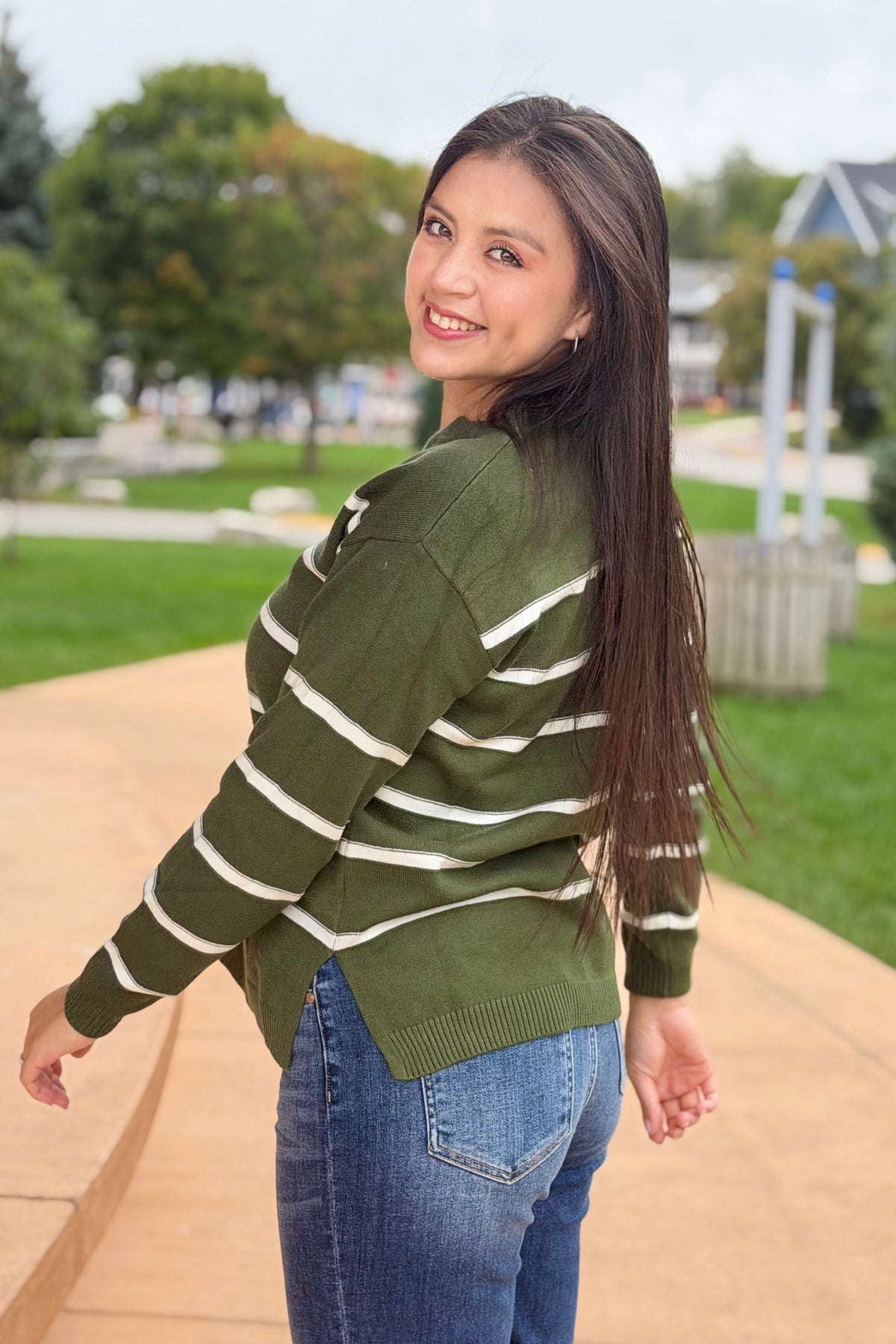 Split Neck Stripe Sweater - Green