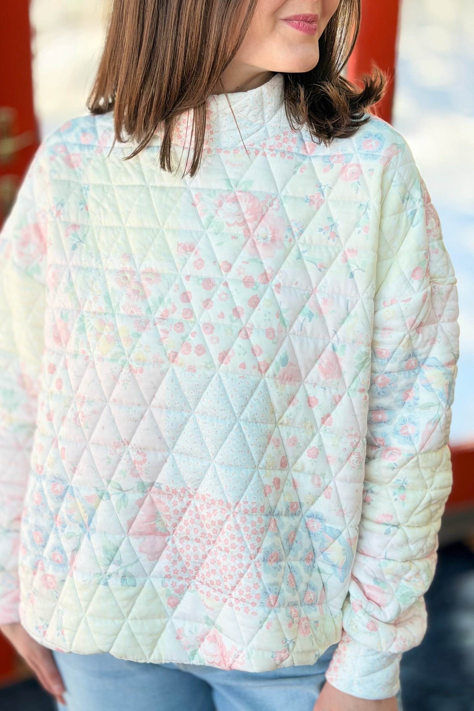 Floral Textured Mock Neck - Pastel