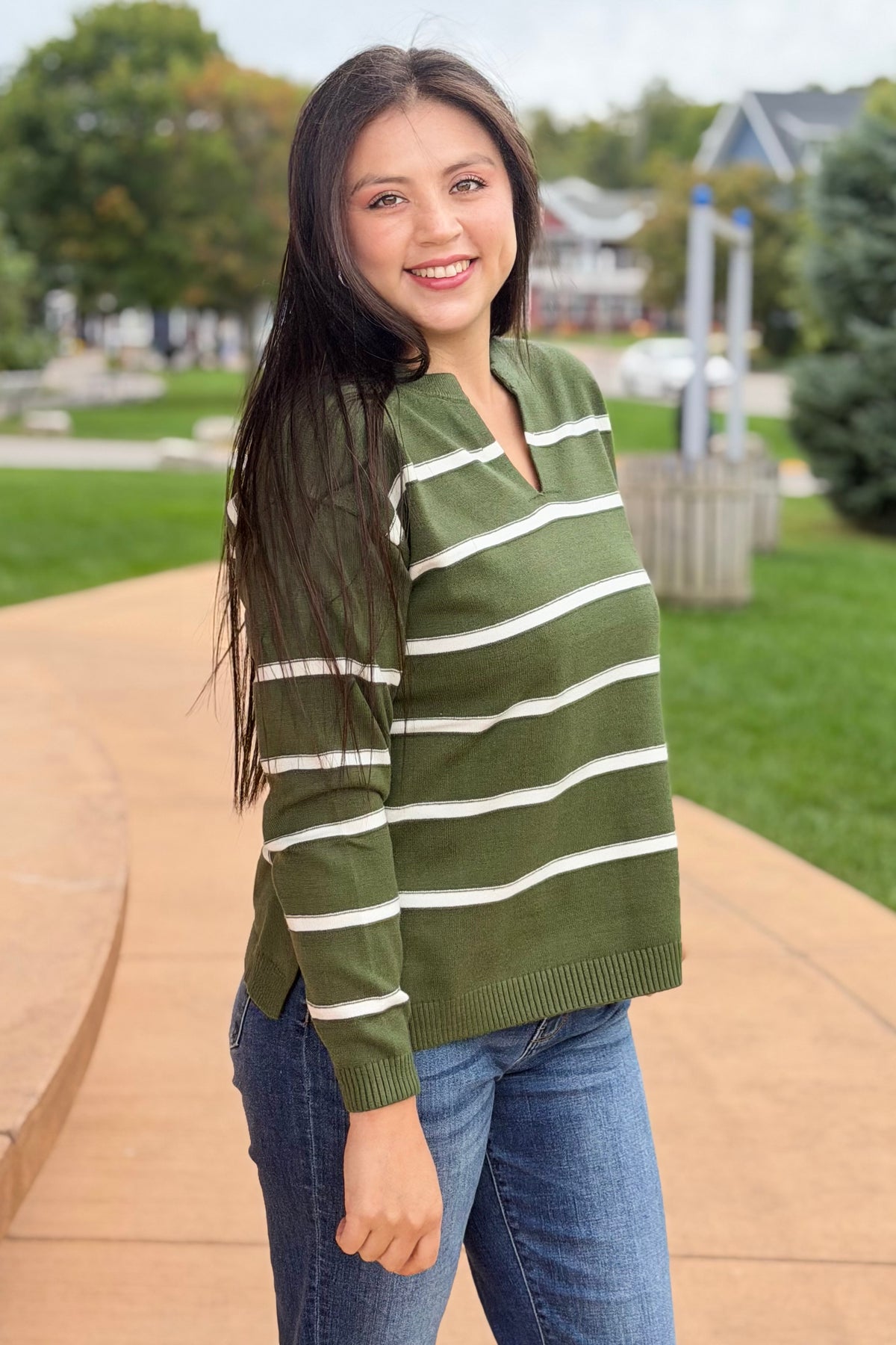 Split Neck Stripe Sweater - Green