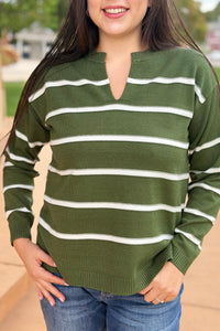 Split Neck Stripe Sweater - Green