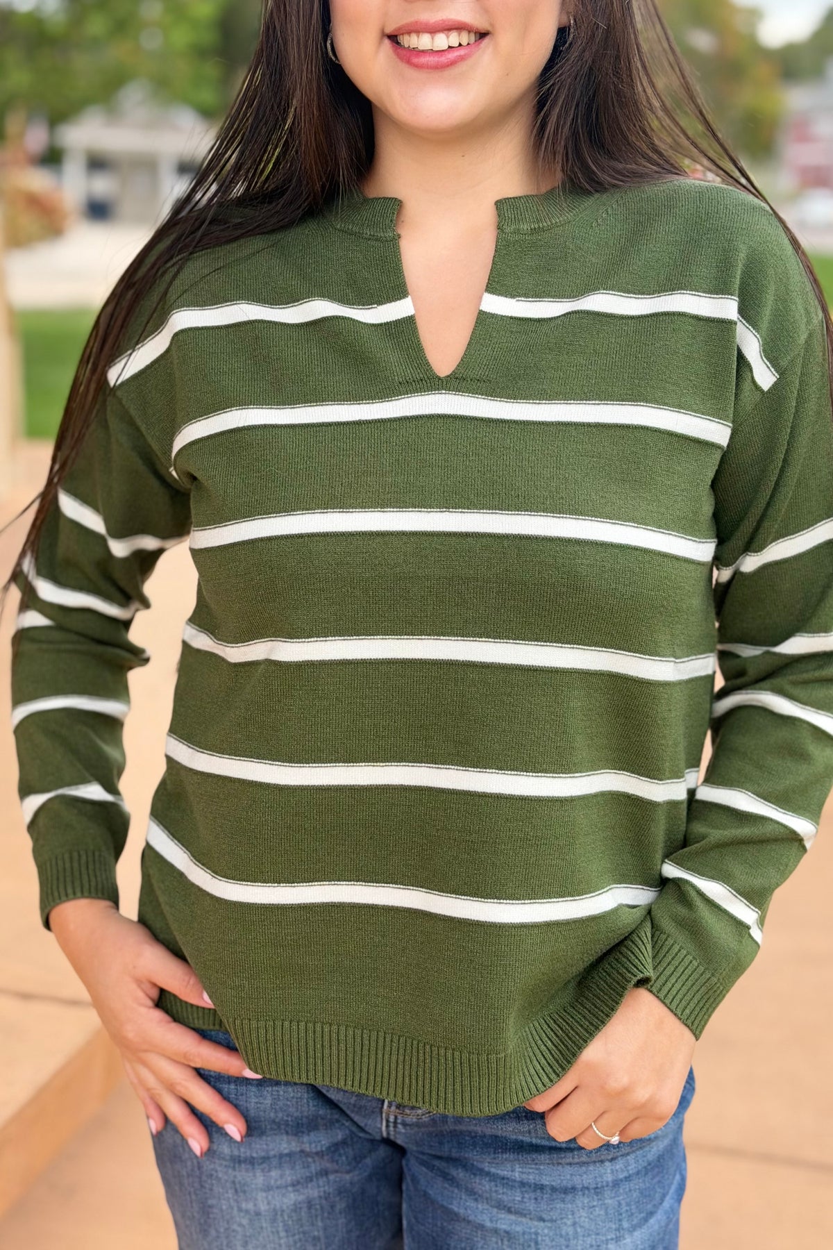 Split Neck Stripe Sweater - Green