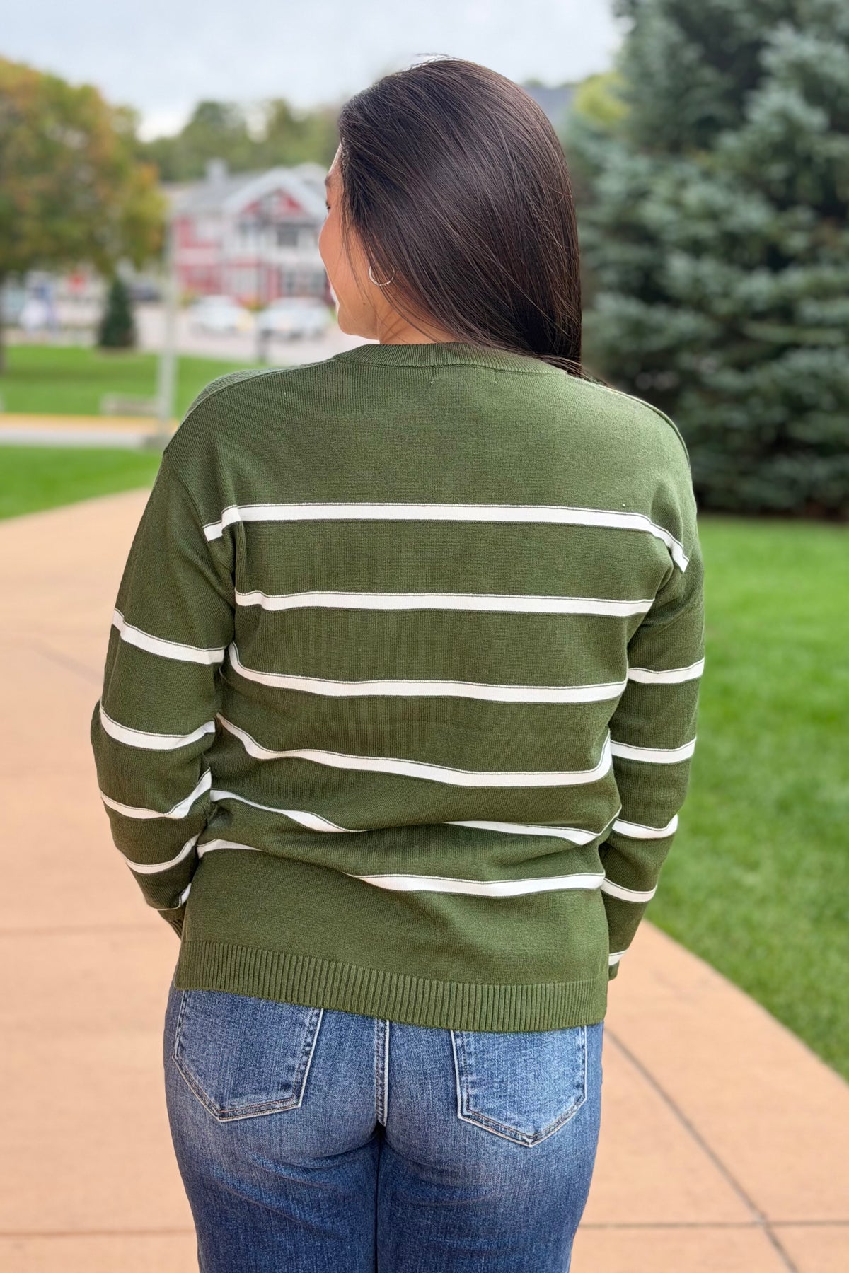 Split Neck Stripe Sweater - Green