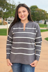Split Neck Stripe Sweater - Charcoal