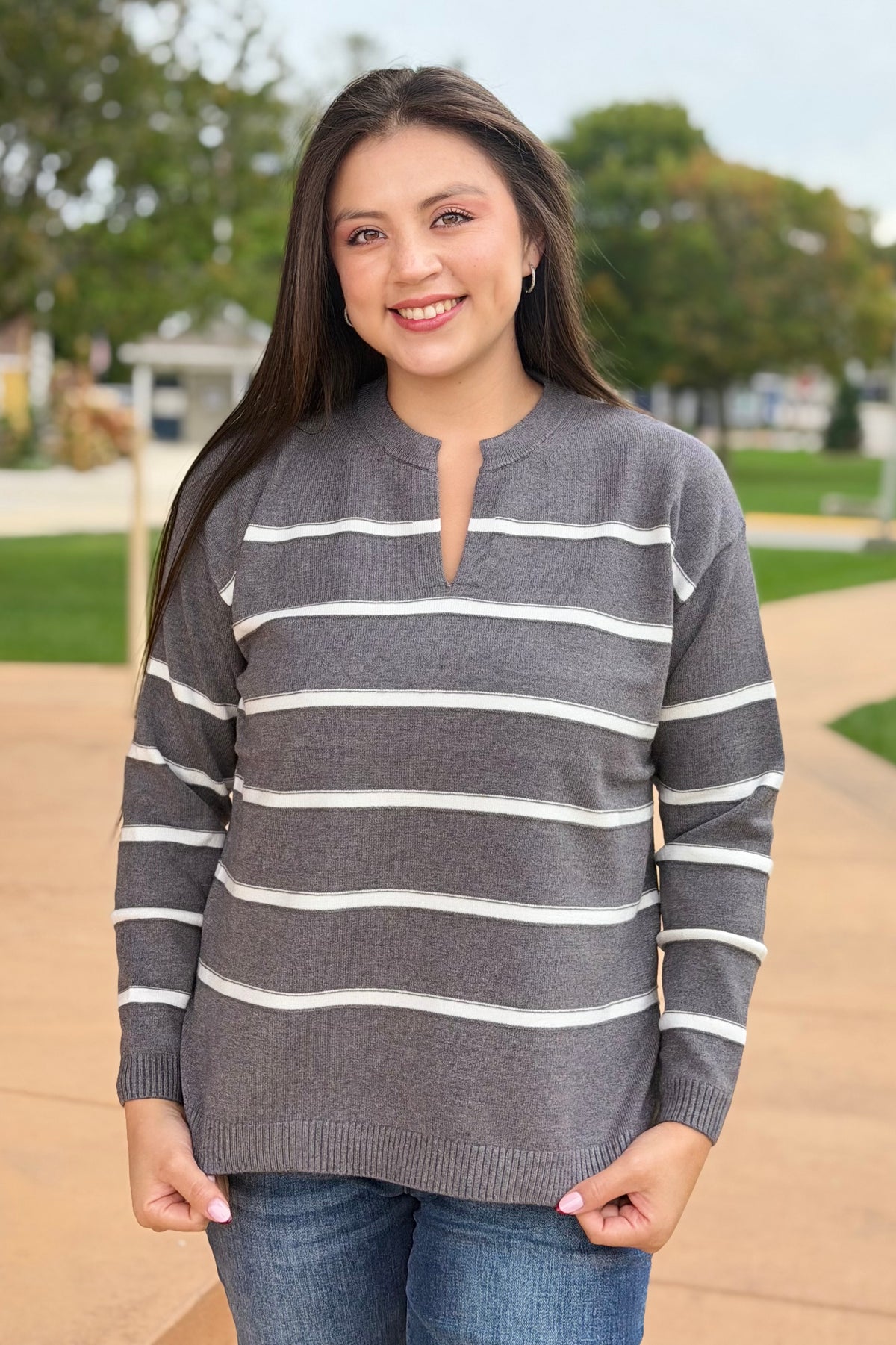 Split Neck Stripe Sweater - Charcoal
