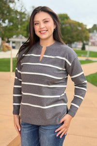 Split Neck Stripe Sweater - Charcoal