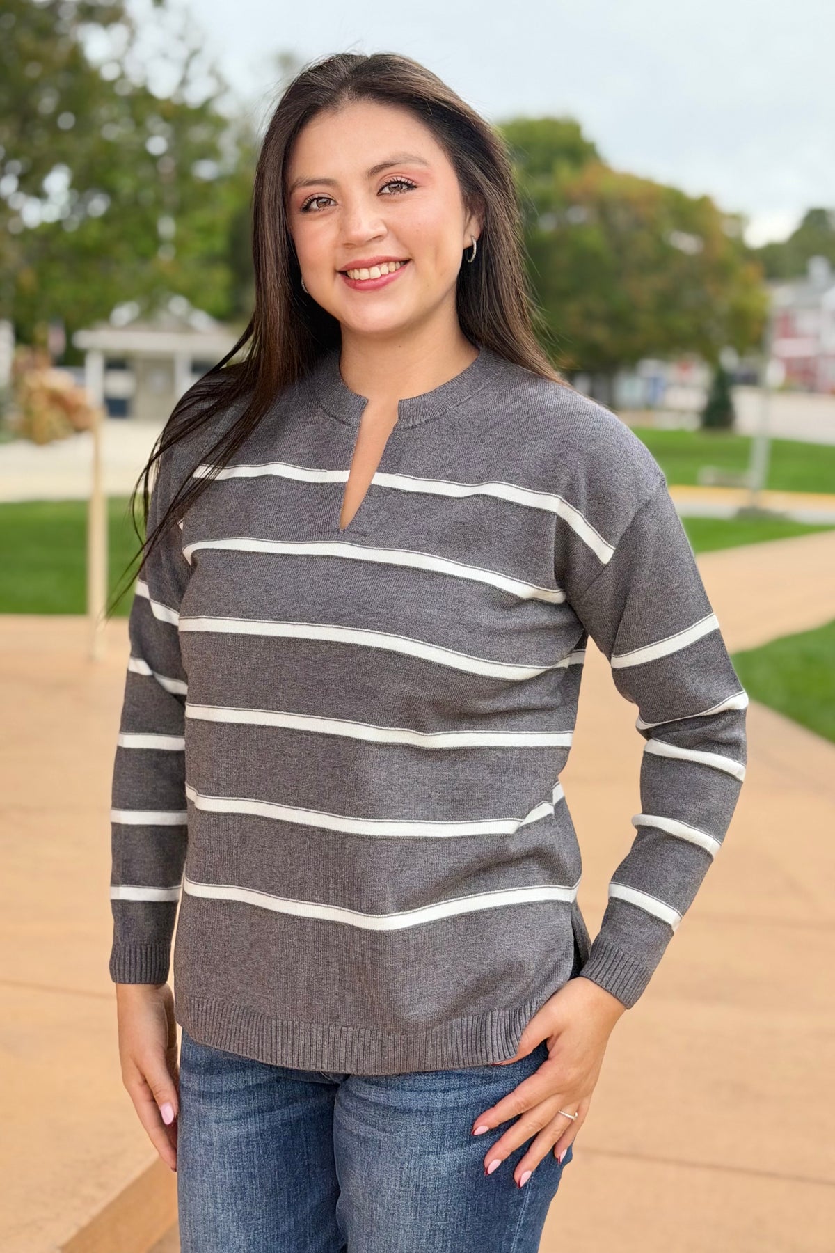 Split Neck Stripe Sweater - Charcoal