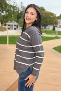 Split Neck Stripe Sweater - Charcoal