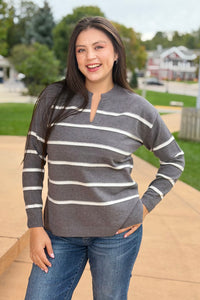 Split Neck Stripe Sweater - Charcoal