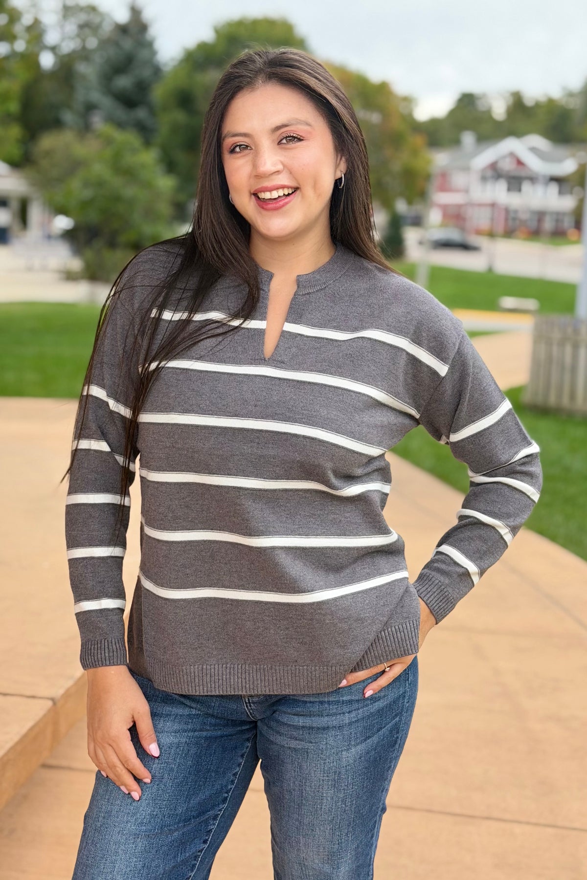 Split Neck Stripe Sweater - Charcoal