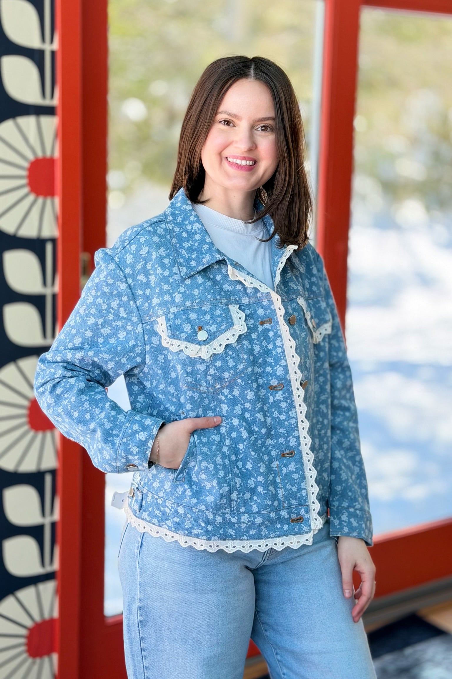 Floral Printed Lace Edge Detail Jacket