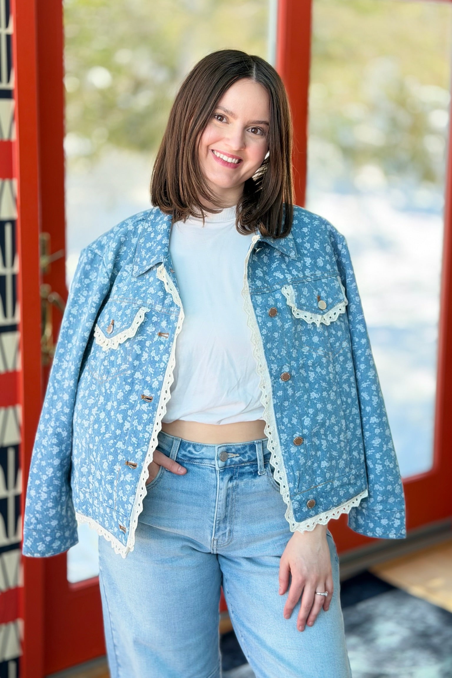 Floral Printed Lace Edge Detail Jacket