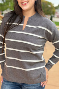 Split Neck Stripe Sweater - Charcoal