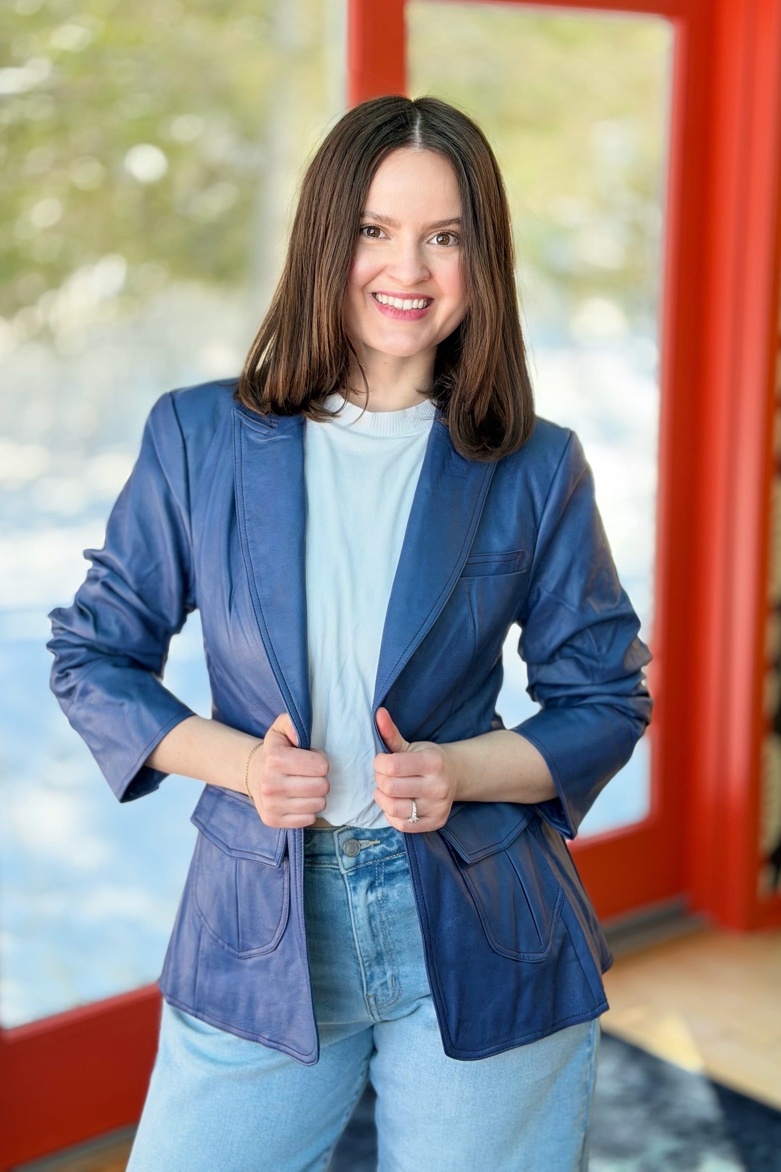 Scrunched Slv Faux Leather Blazer - Deep Blue