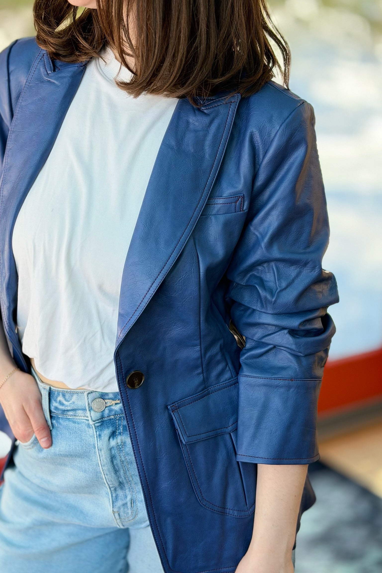 Scrunched Slv Faux Leather Blazer - Deep Blue