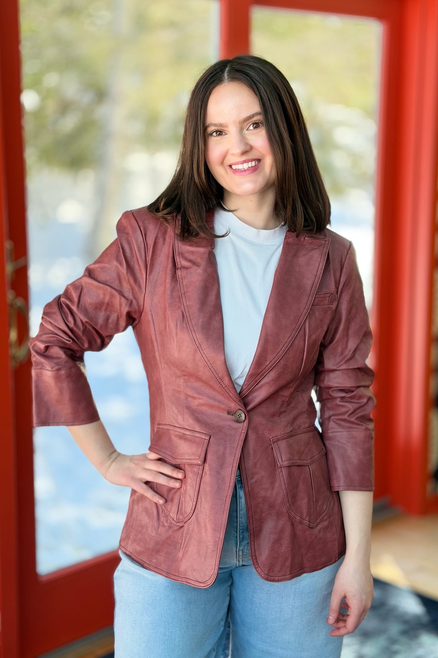 Scrunched Slv Faux Leather Blazer - Maroon