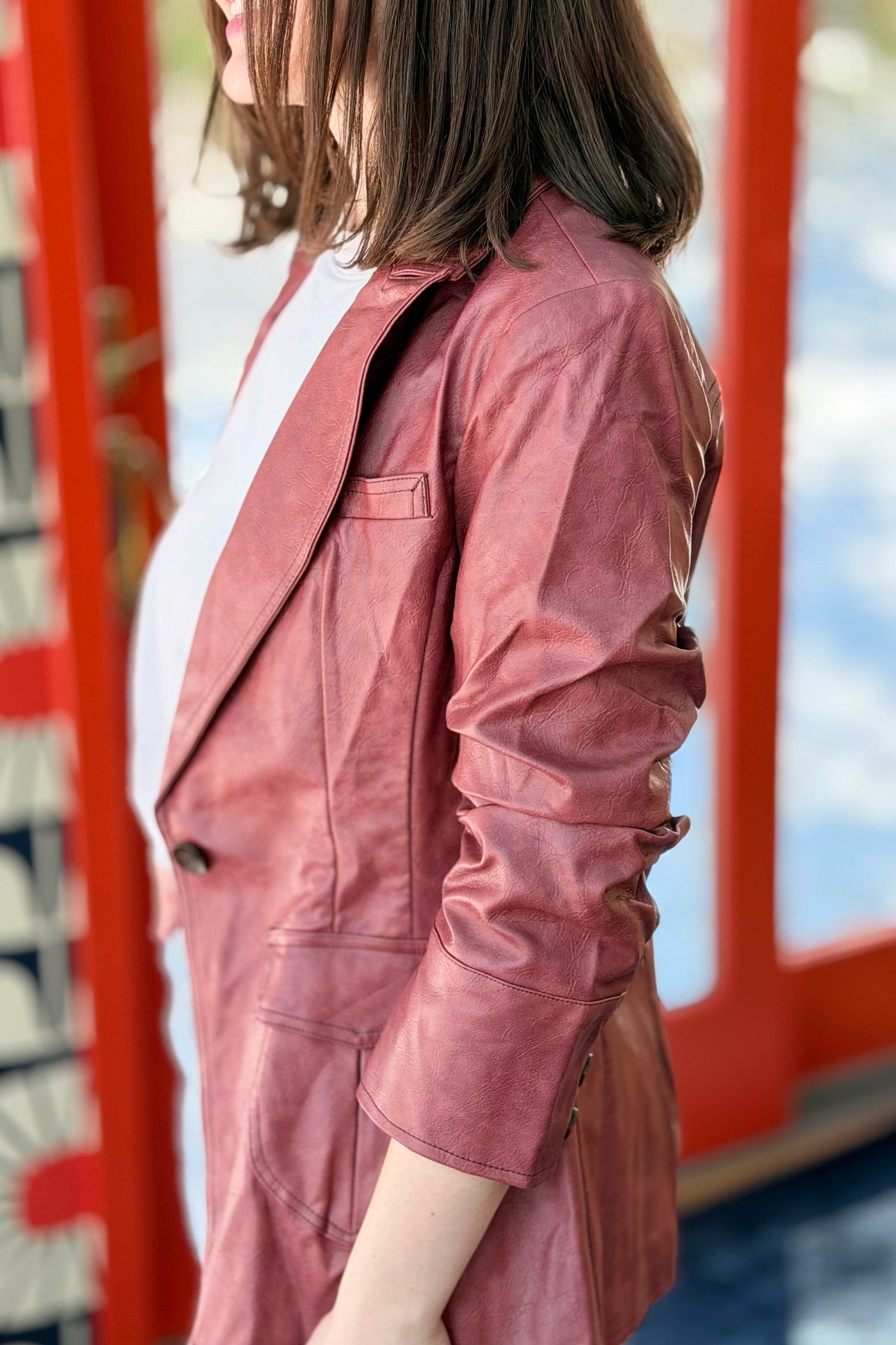Scrunched Slv Faux Leather Blazer - Maroon