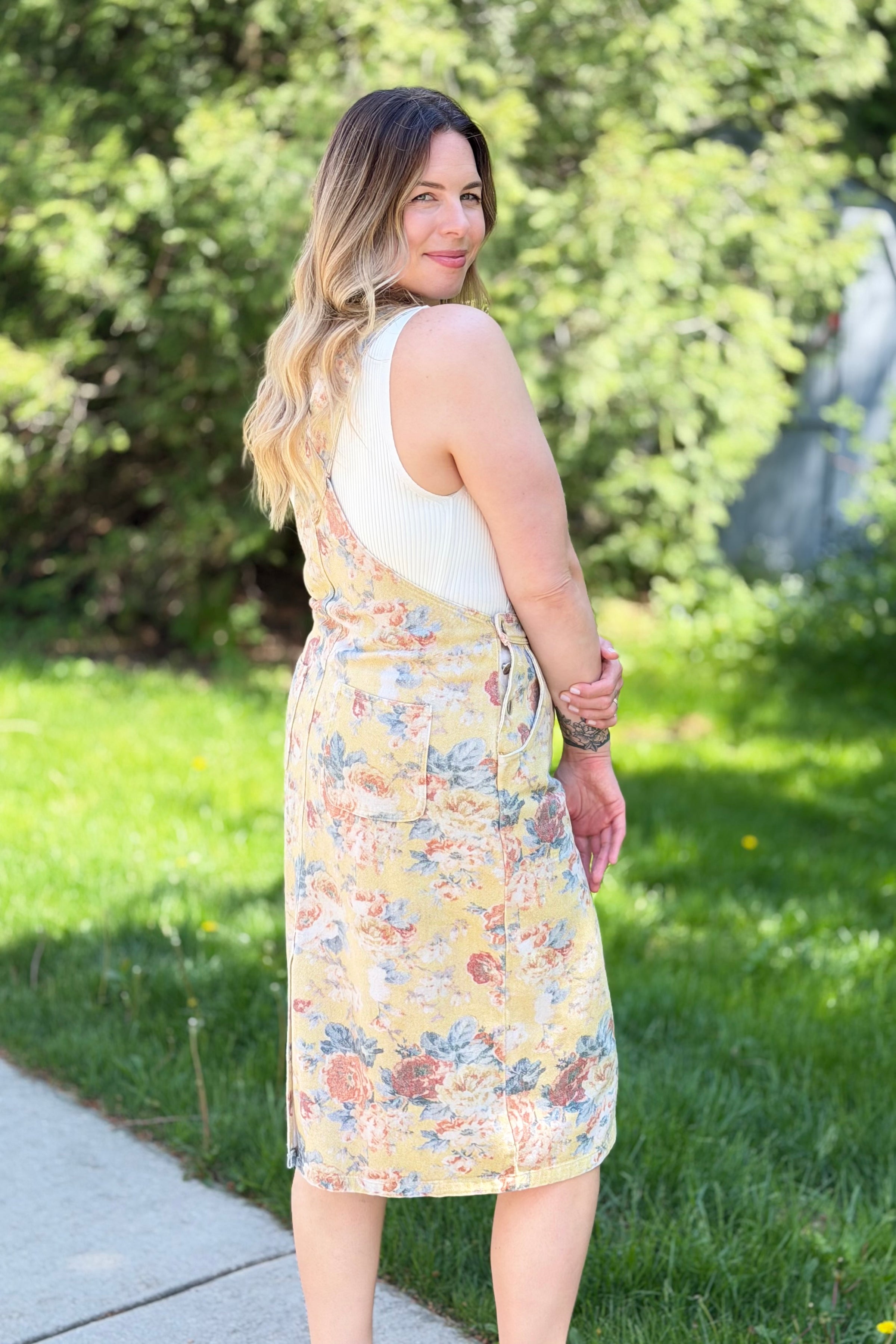 Garden Flower Denim Dress - Yellow