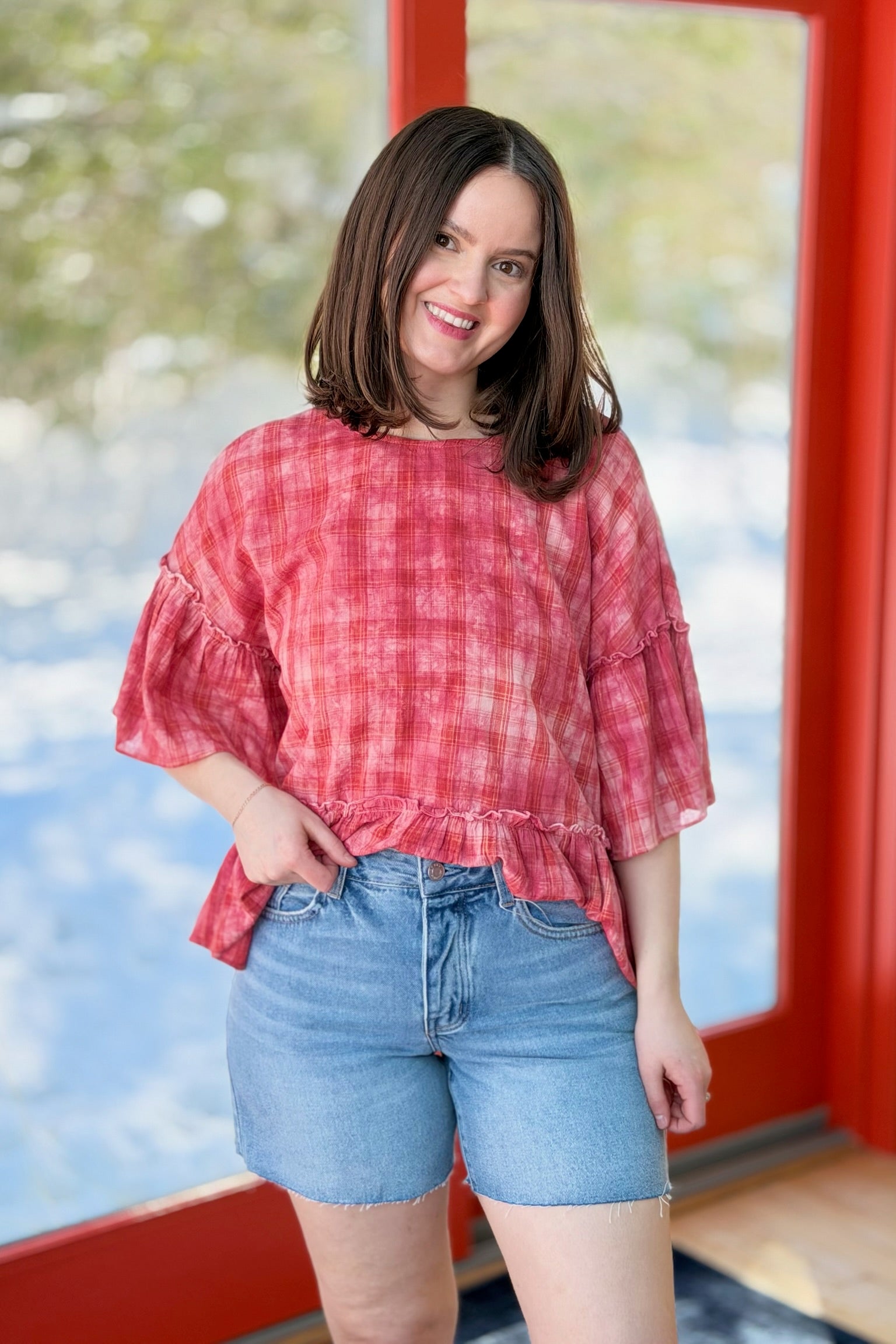 Plaid Ruffle Bottom Tunic - Raspberry