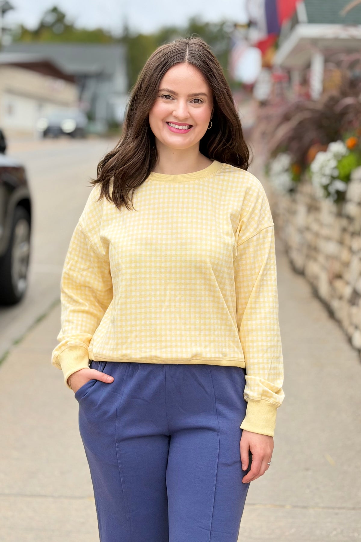Gingham Pullover Sweatshirt - Lemon
