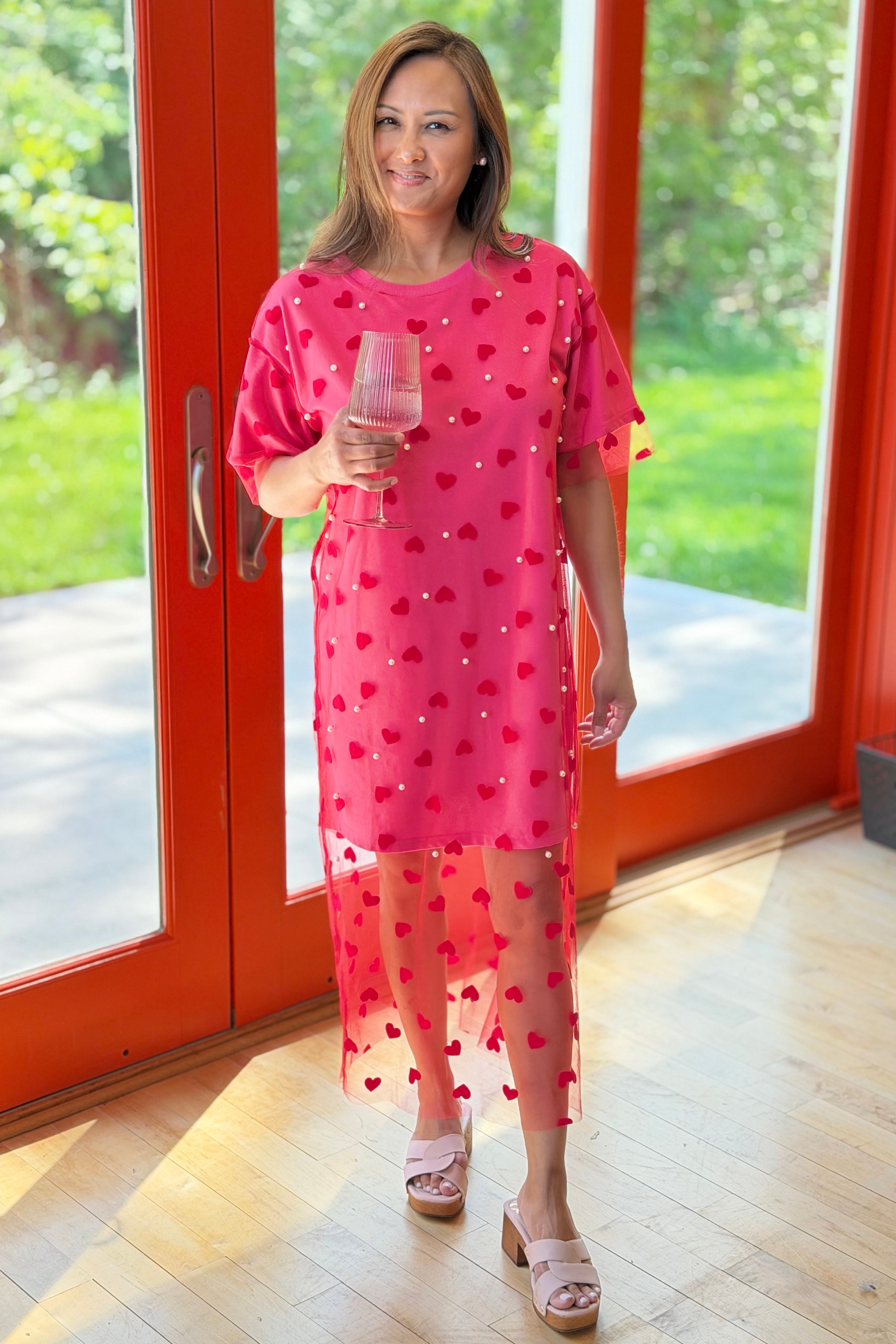 Heart Mesh Layered T-Shirt Dress - Pink
