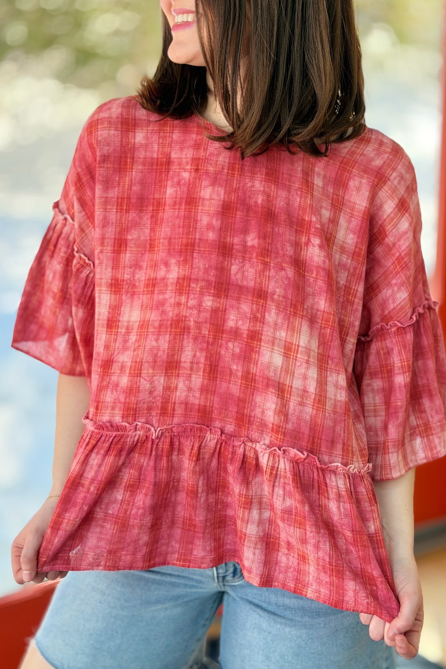 Plaid Ruffle Bottom Tunic - Raspberry