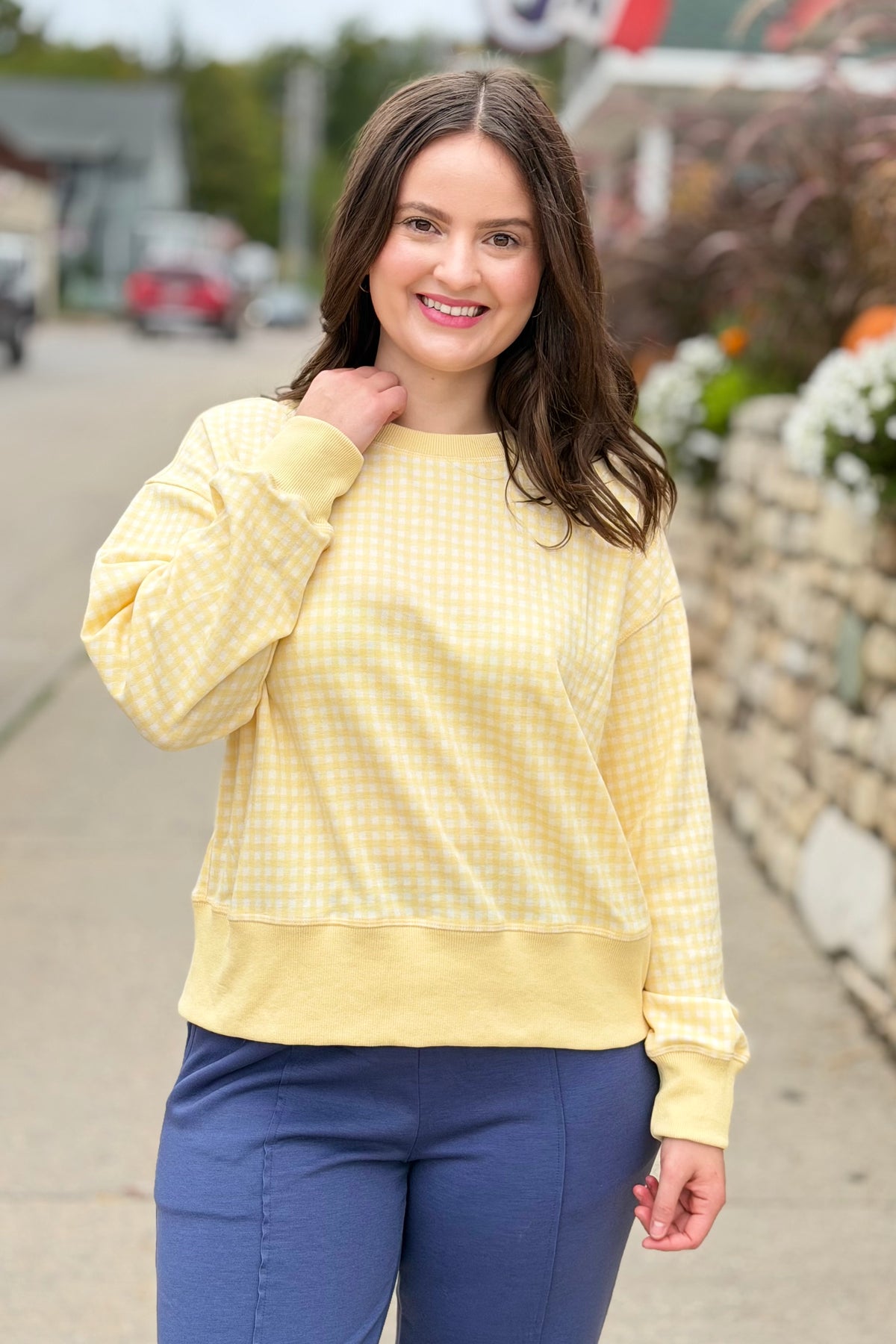 Gingham Pullover Sweatshirt - Lemon
