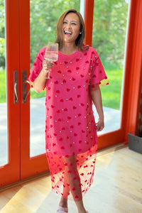 Heart Mesh Layered T-Shirt Dress - Pink