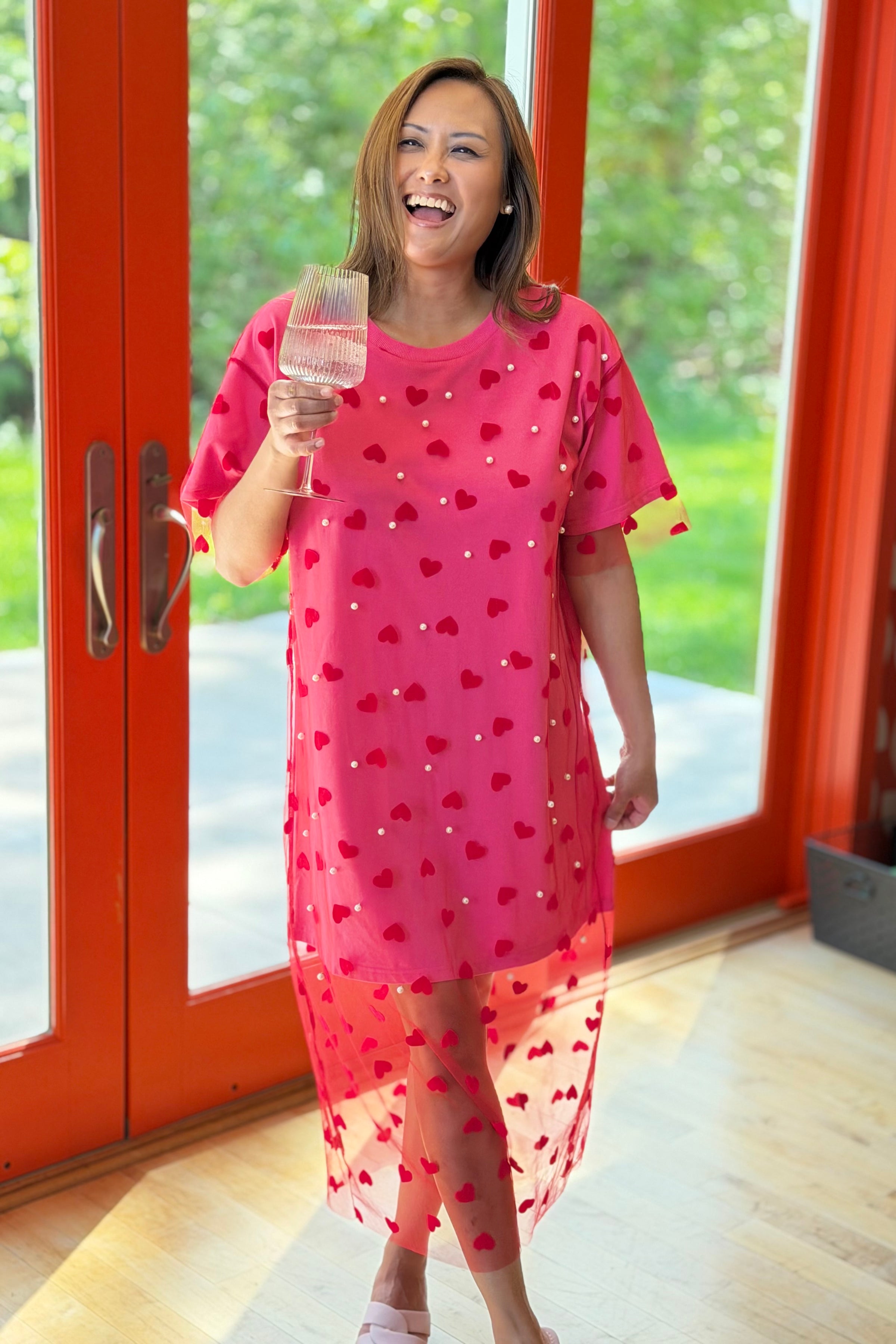 Heart Mesh Layered T-Shirt Dress - Pink