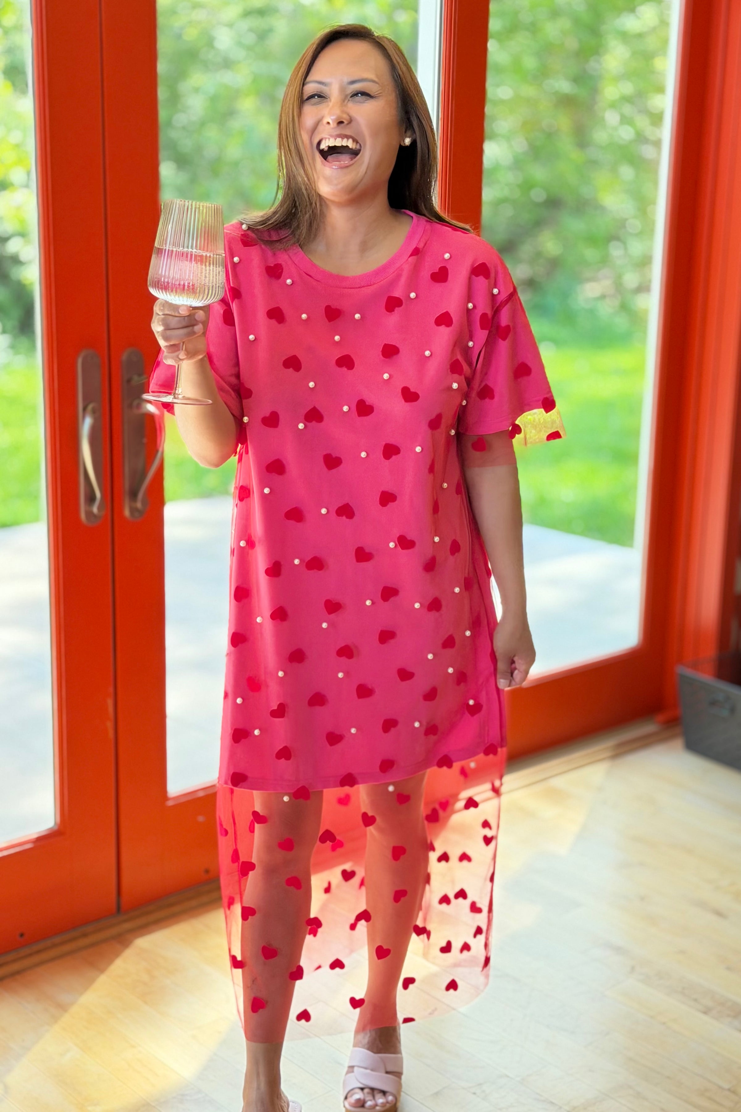 Heart Mesh Layered T-Shirt Dress - Pink