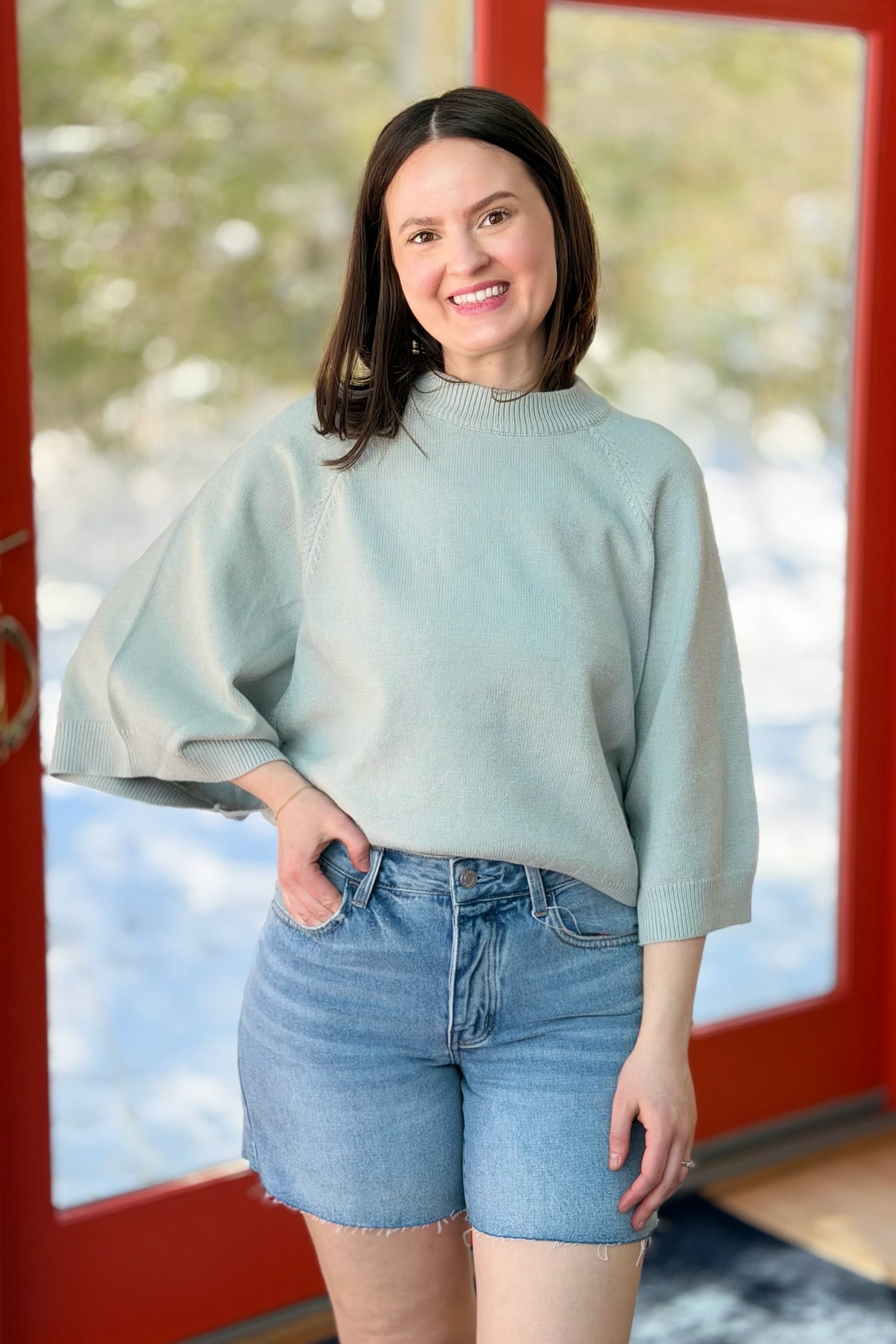 Wide Slv Crew Neck Sweater - Milky Green