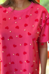 Heart Mesh Layered T-Shirt Dress - Pink