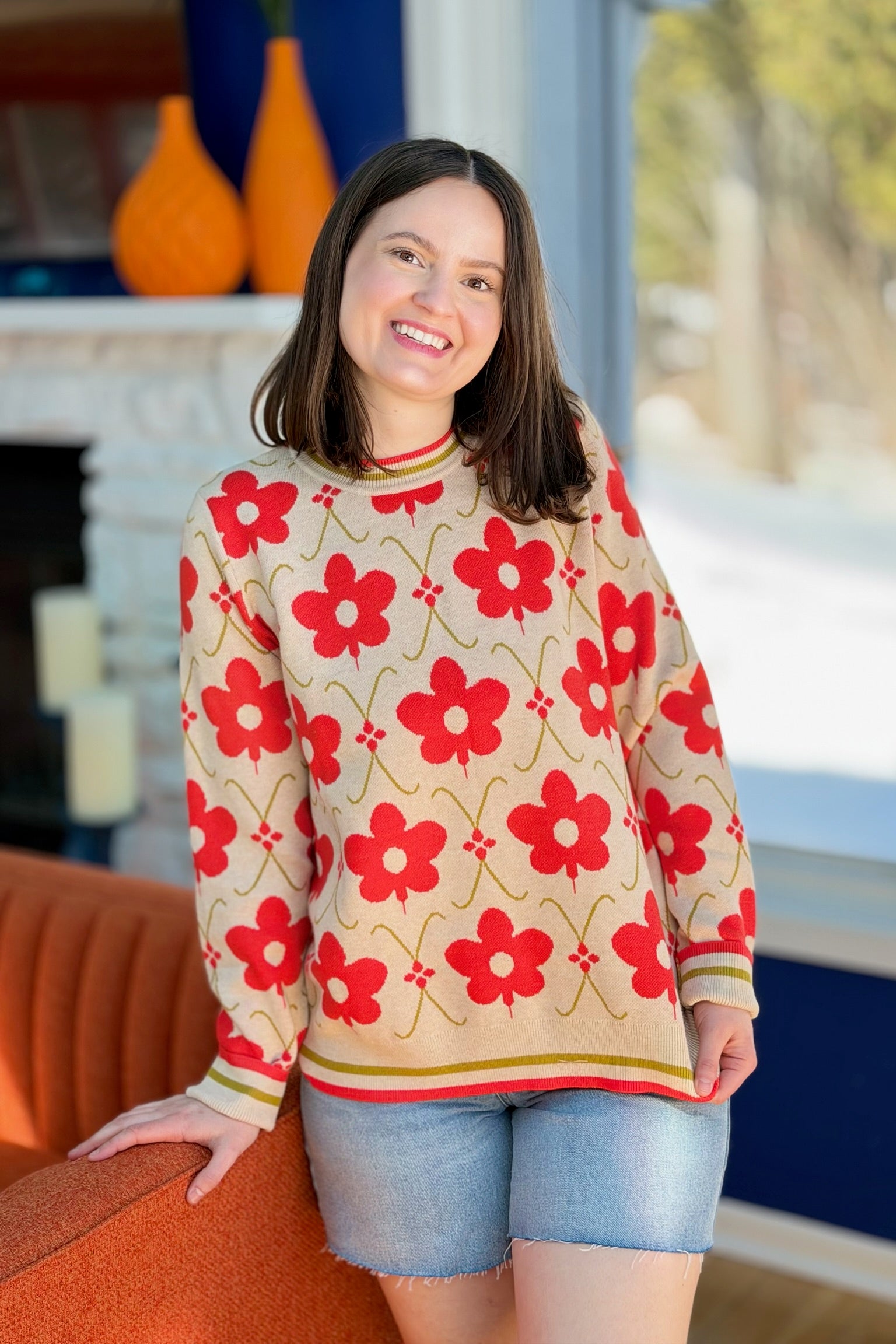 Floral Pattern Jacquard Knit Sweater