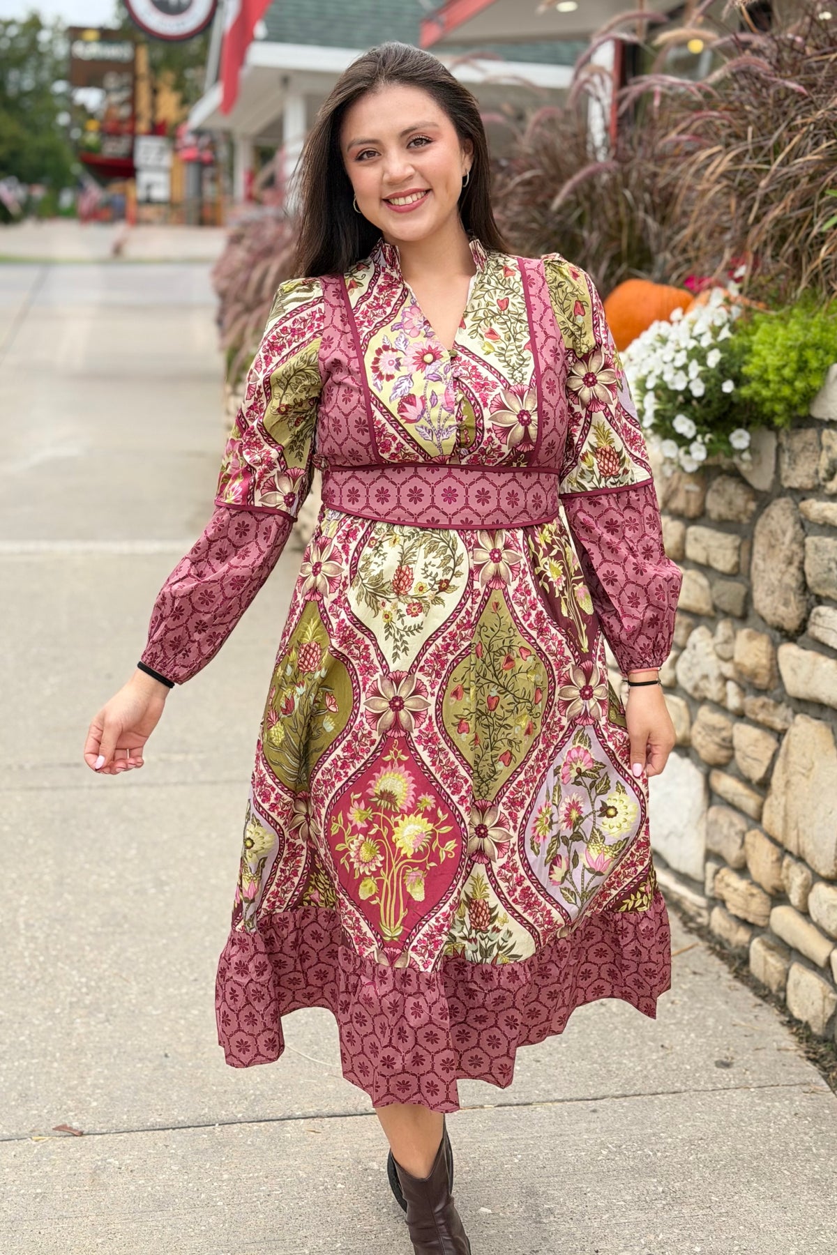 Mixed Floral Contrast Piping Dress - Wine