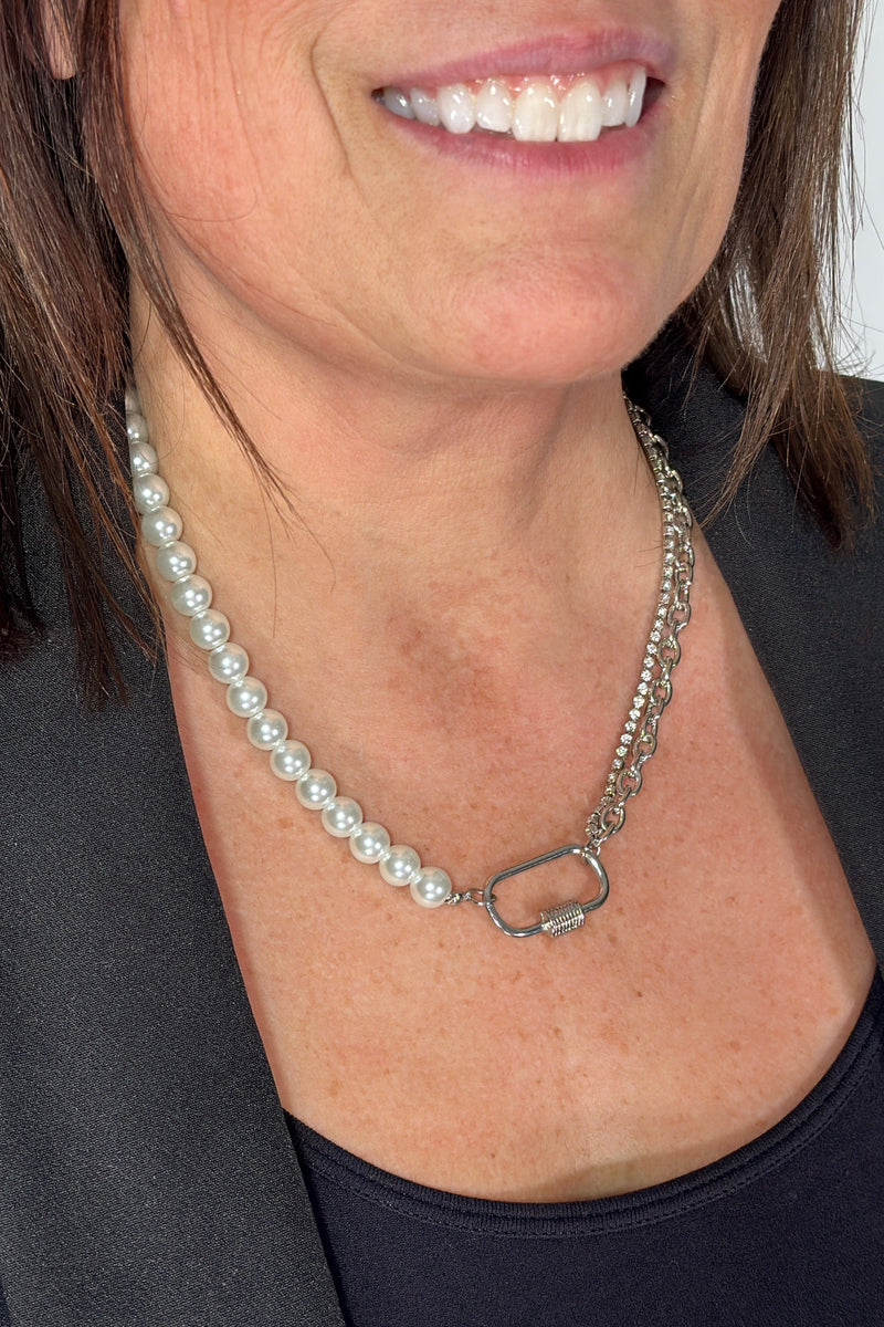 Layered Chain & Pearl Necklace Silver