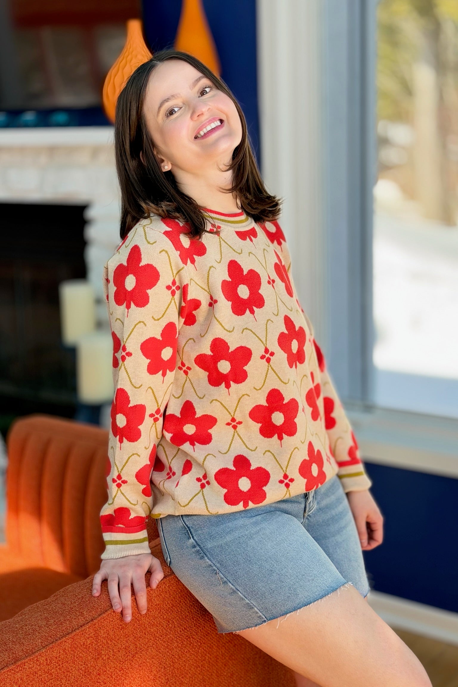 Floral Pattern Jacquard Knit Sweater